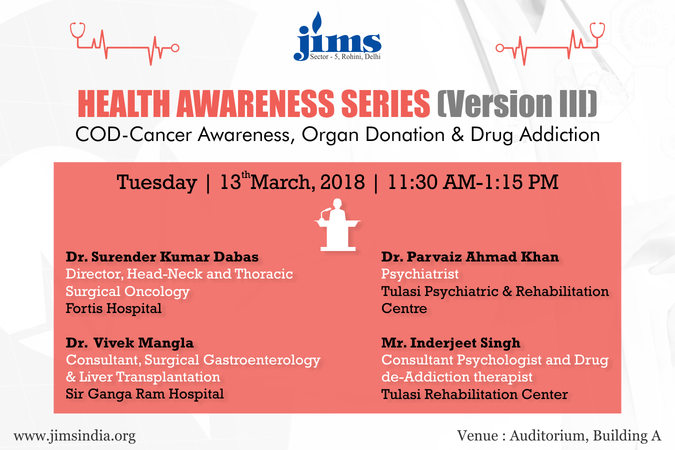 JIMS is organizing a Health Awareness Series (Version III) on Tuesday 13th March 2018