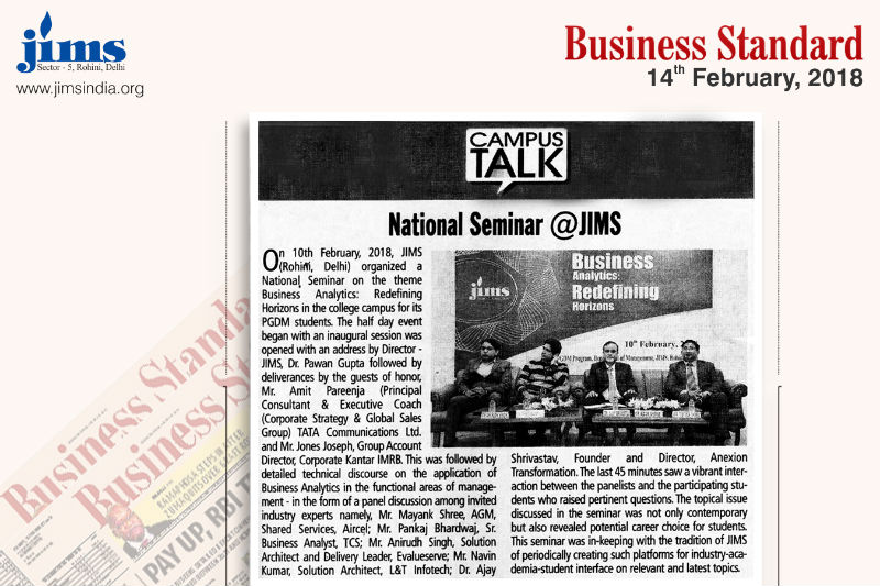 National Seminar @ JIMS Article In Business Standard 0n Feb 14, 2018