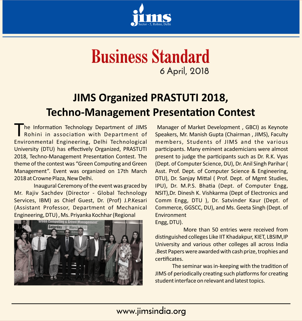 JIMS Techno-Management Presentation Contest PRASTUTI 2018 Coverage in Business Standard