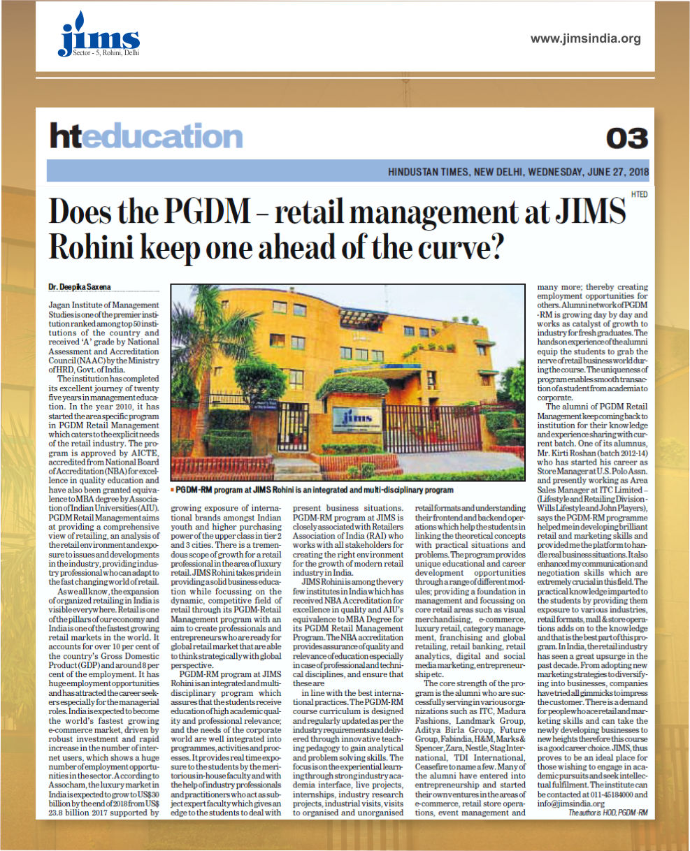 Article on Does the PGDM-Retail Management in JIMS Rohini Keep one ahead of the curve in Hindustan Times - Education