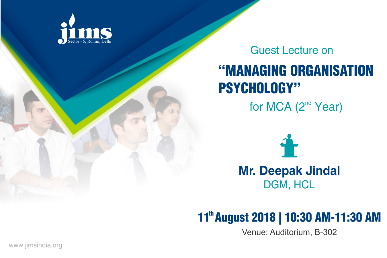 JIMS Rohini  IP department is organizing a guest lecture on Managing Organisation Psychology